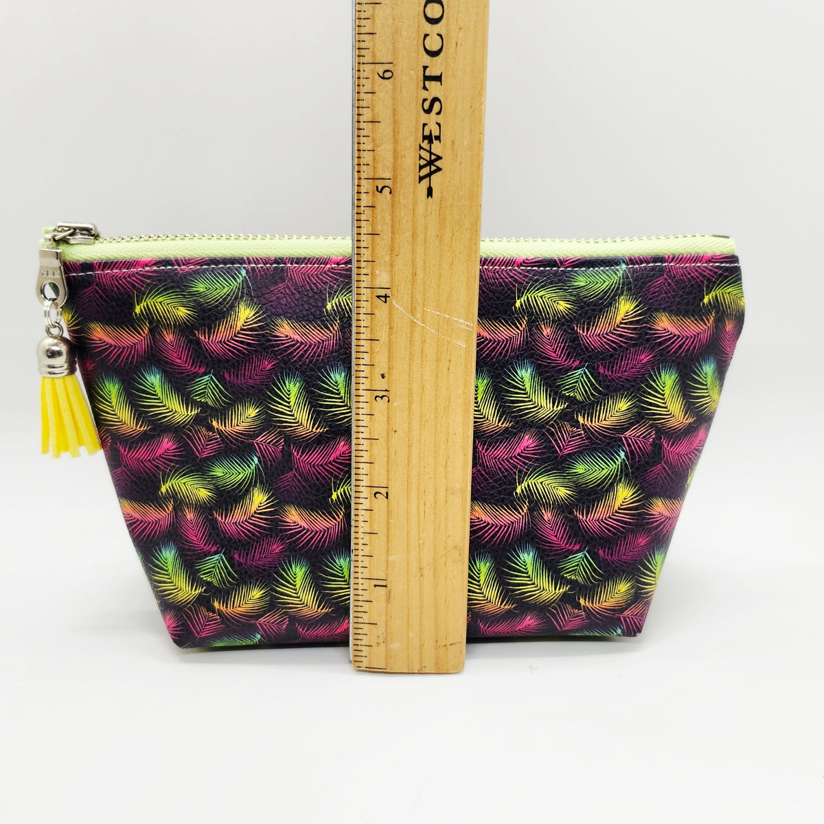 Smooth Faux Leather Stand Up Zip Bag, Neon Feathers Print