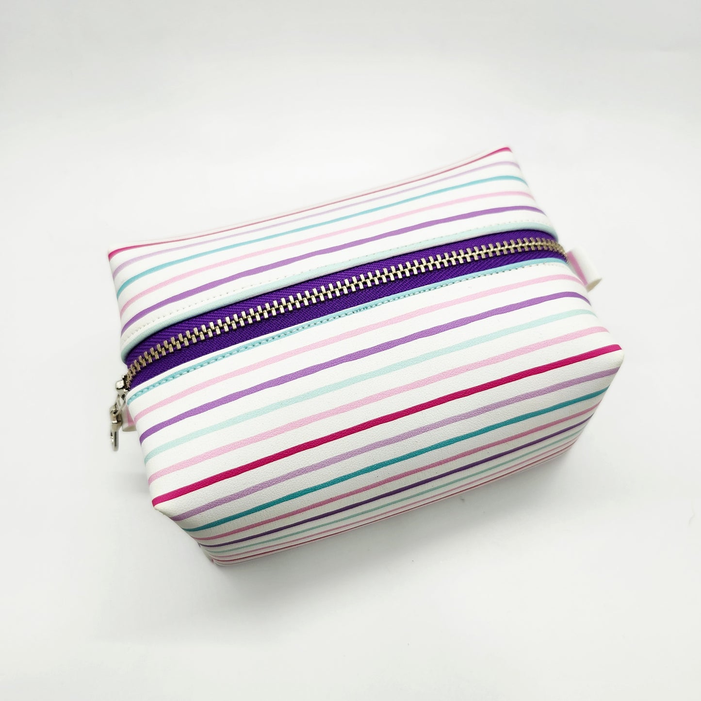 Small Vegan Leather Boxy Corner Zippered Bag, Striped Edition