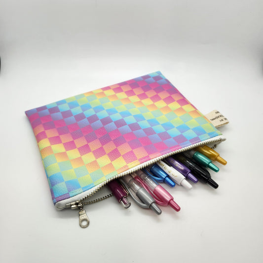 Rainbow Checkers Faux Leather Flat Zip Bag