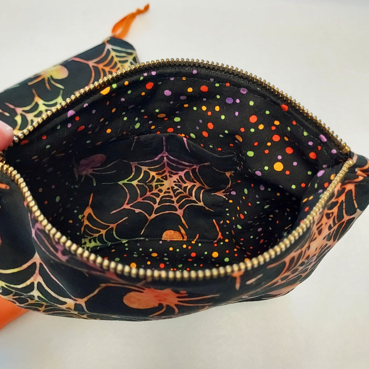 Spiderweb Batik Zippered Pouch with Vegan Leather Accent