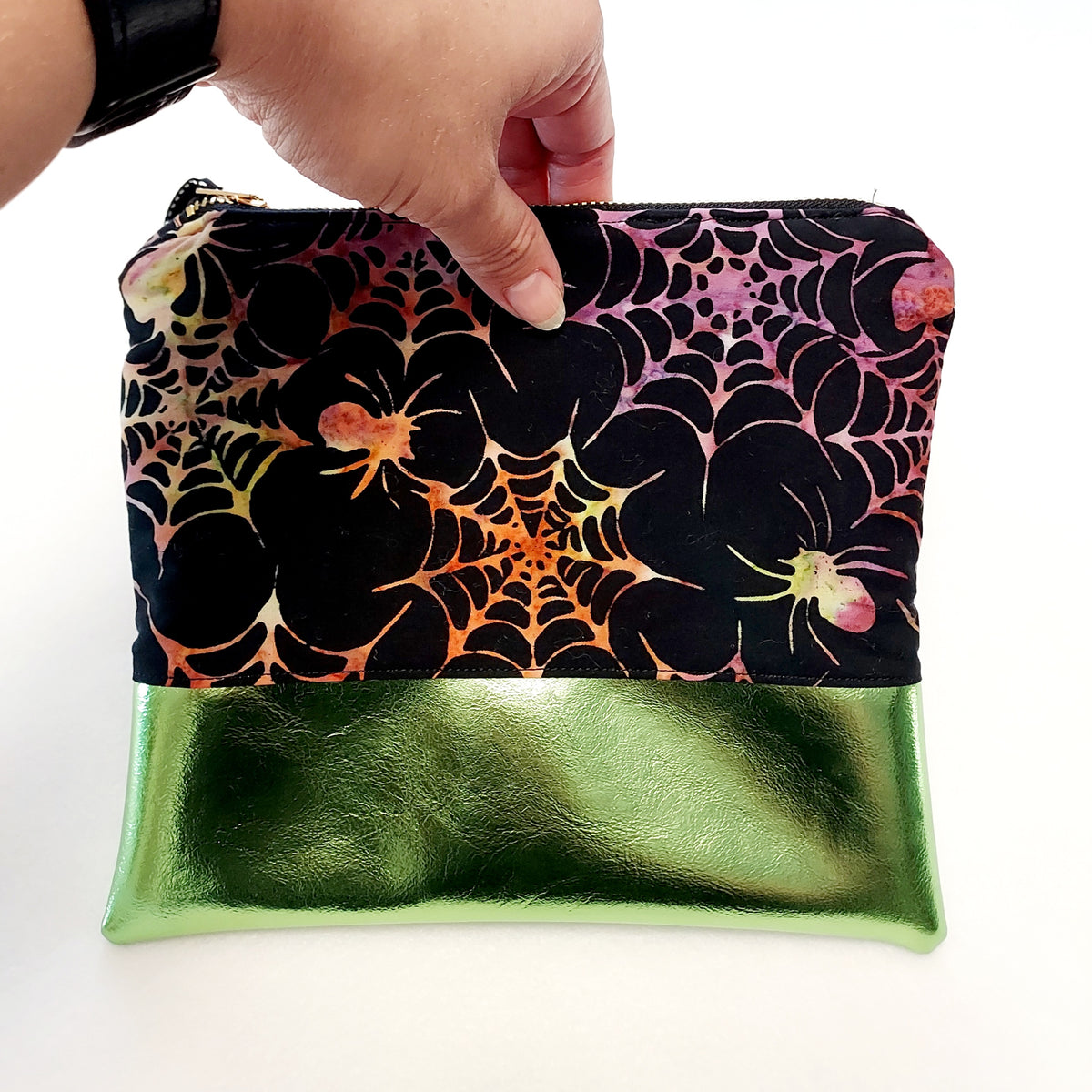 Spiderweb Batik Zippered Pouch with Vegan Leather Accent