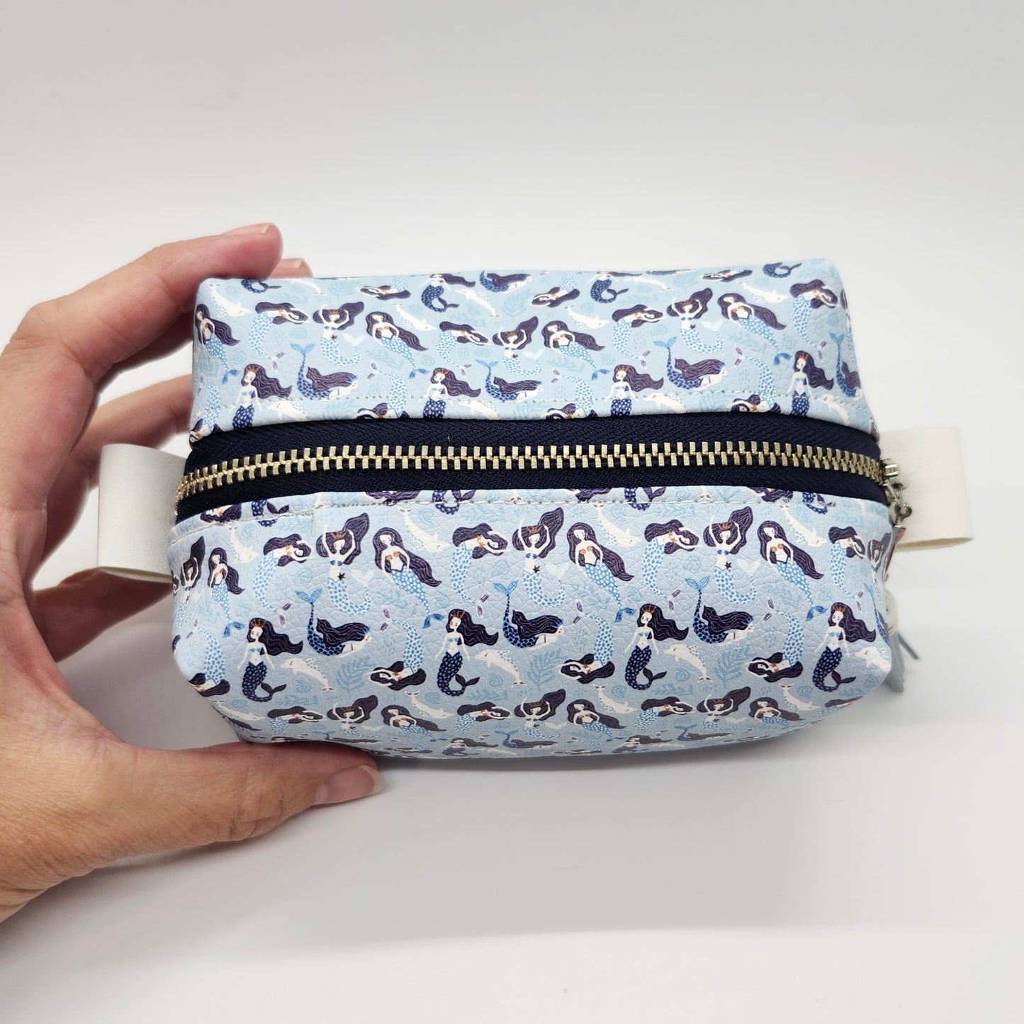Mermaids Print Faux Leather Zipper Pouch, Small Dopp Kit Bag