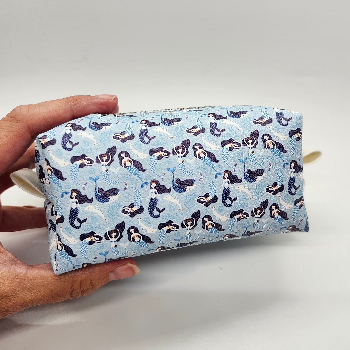 Mermaids Print Faux Leather Zipper Pouch, Small Dopp Kit Bag
