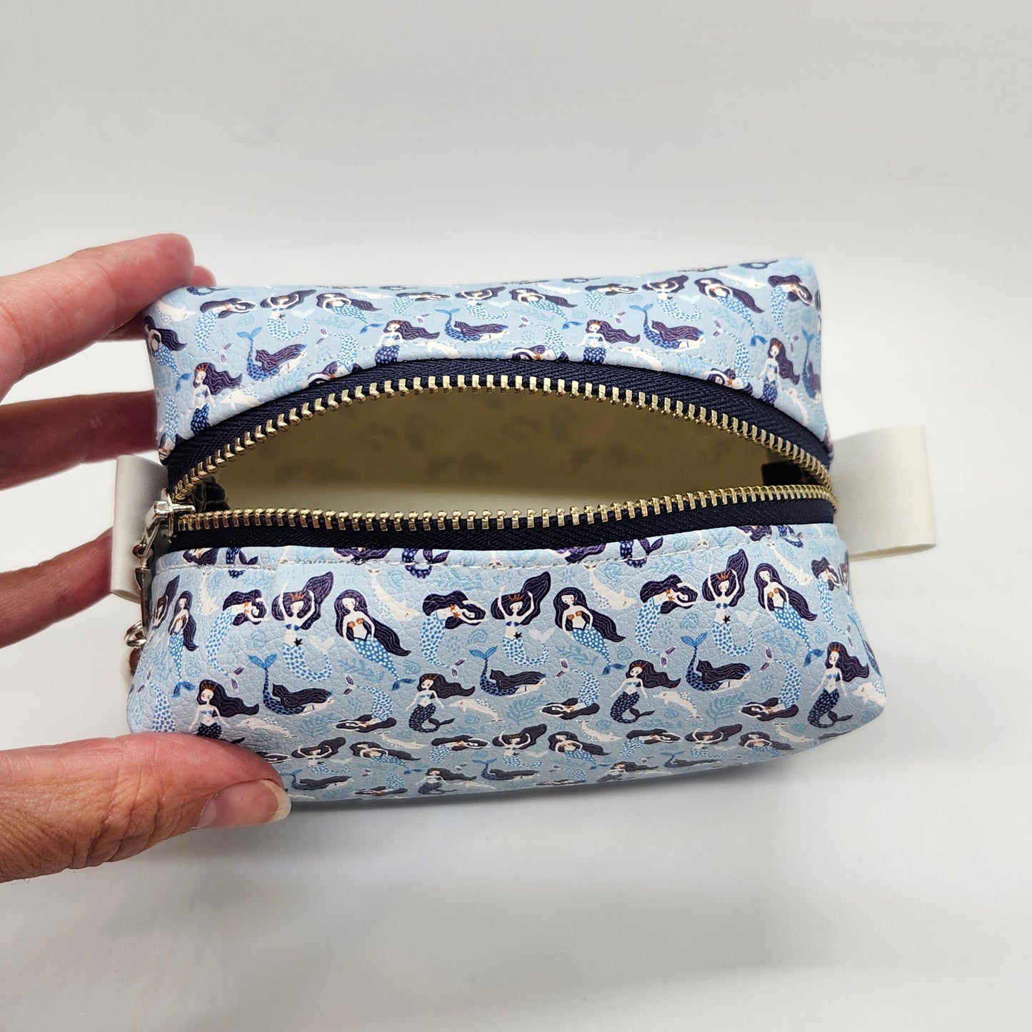 Mermaids Print Faux Leather Zipper Pouch, Small Dopp Kit Bag