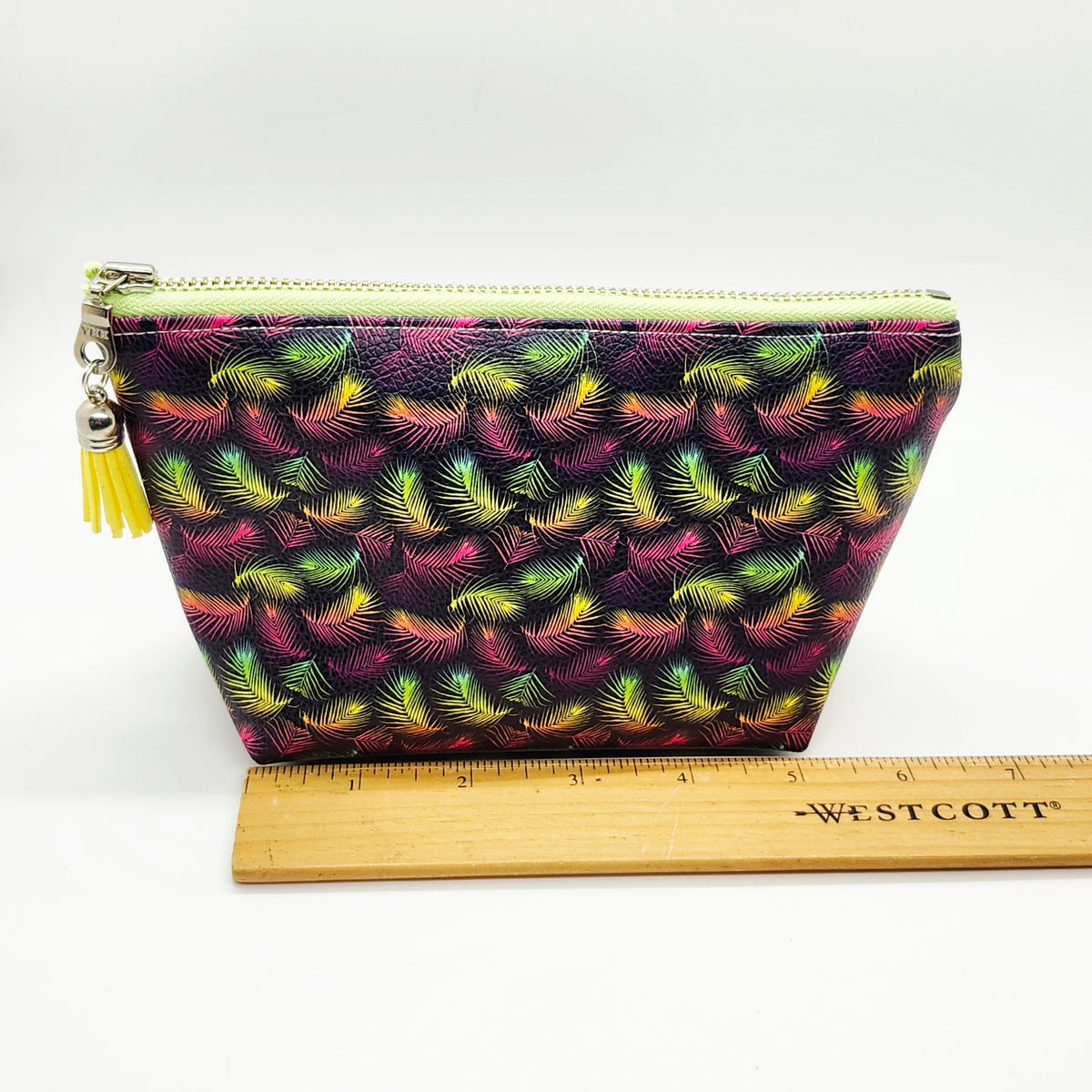 Smooth Faux Leather Stand Up Zip Bag, Neon Feathers Print