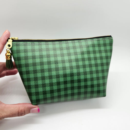 Green Buffalo Plaid Faux Leather Standing Zip Bag