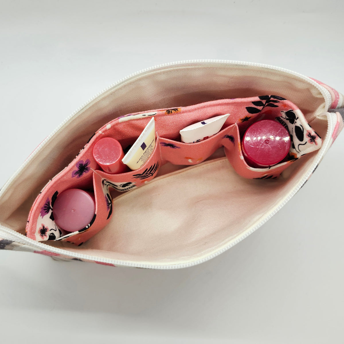 Pink Skulls Print Padded Insert, Lipstick & Bottle Holder, Travel Pocket Organizer