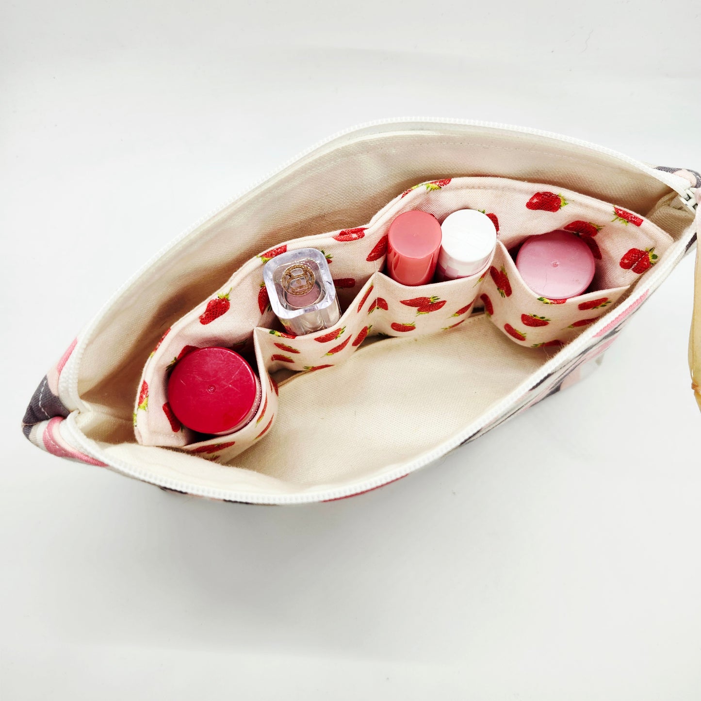Strawberry Print Padded Insert, Lipstick & Bottle Holder, Travel Pocket Organizer