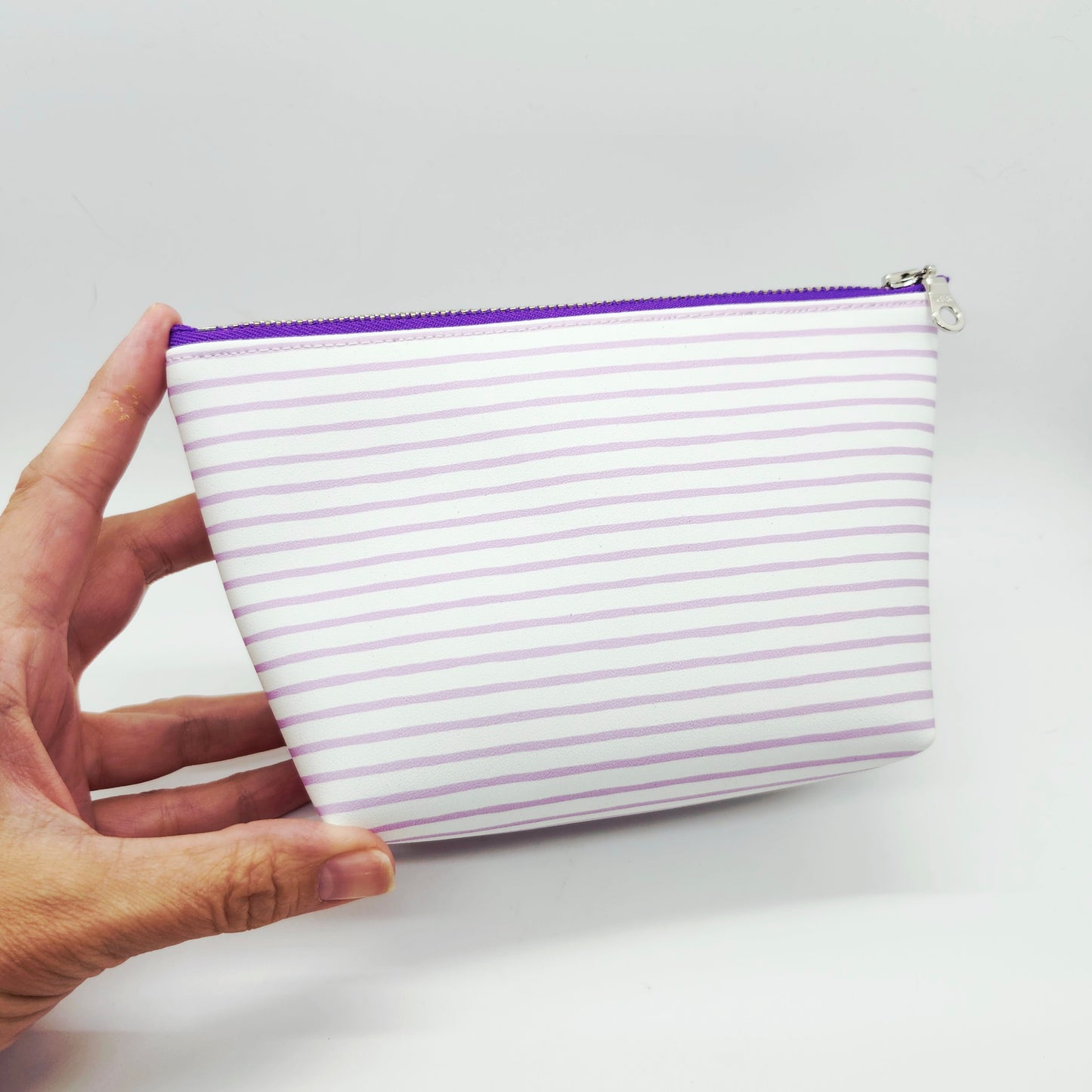 Smooth Faux Leather Stand Up Zip Bag, Striped Editions