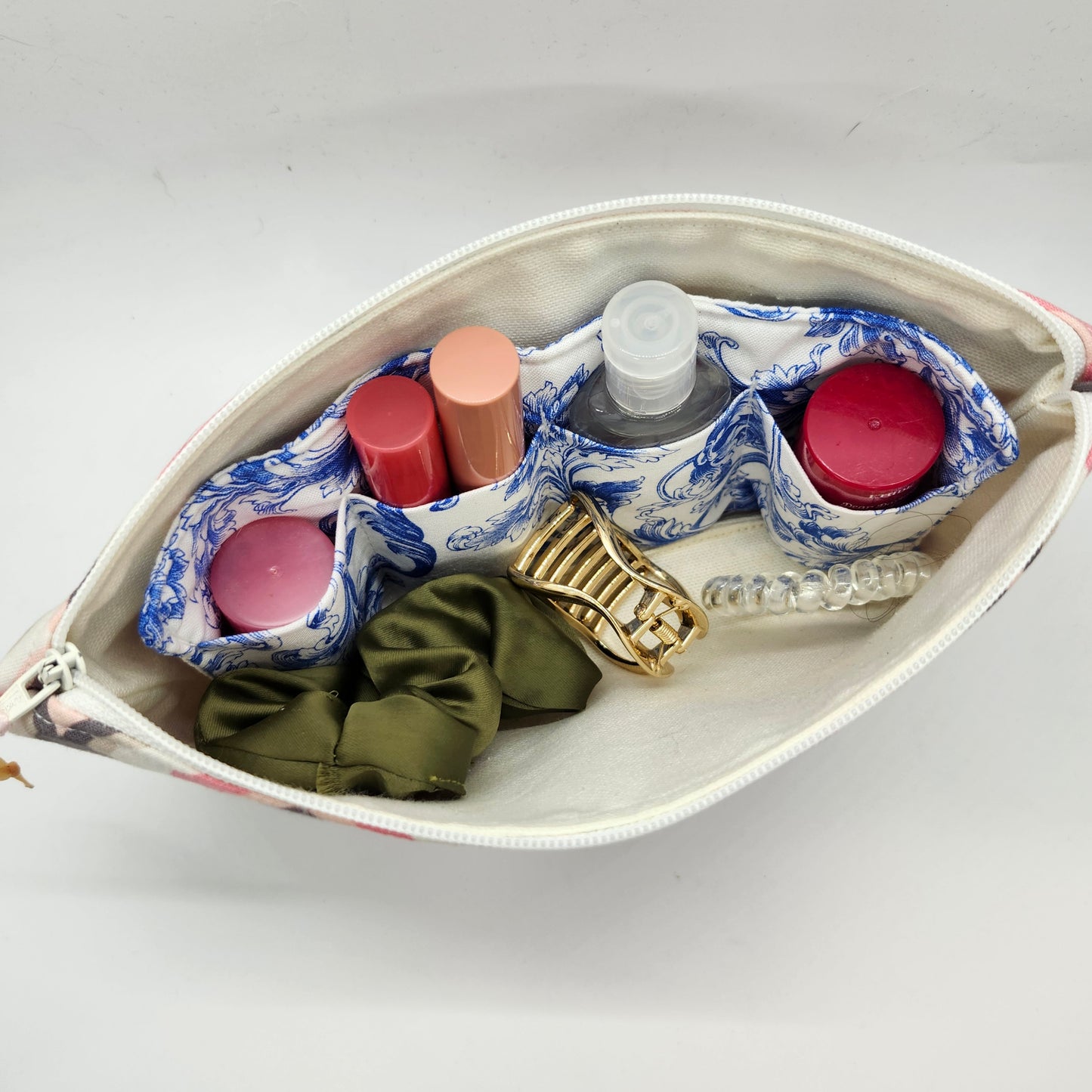 Blue Botanical Flourish Padded Insert, Lipstick & Bottle Holder, Travel Pocket Organizer