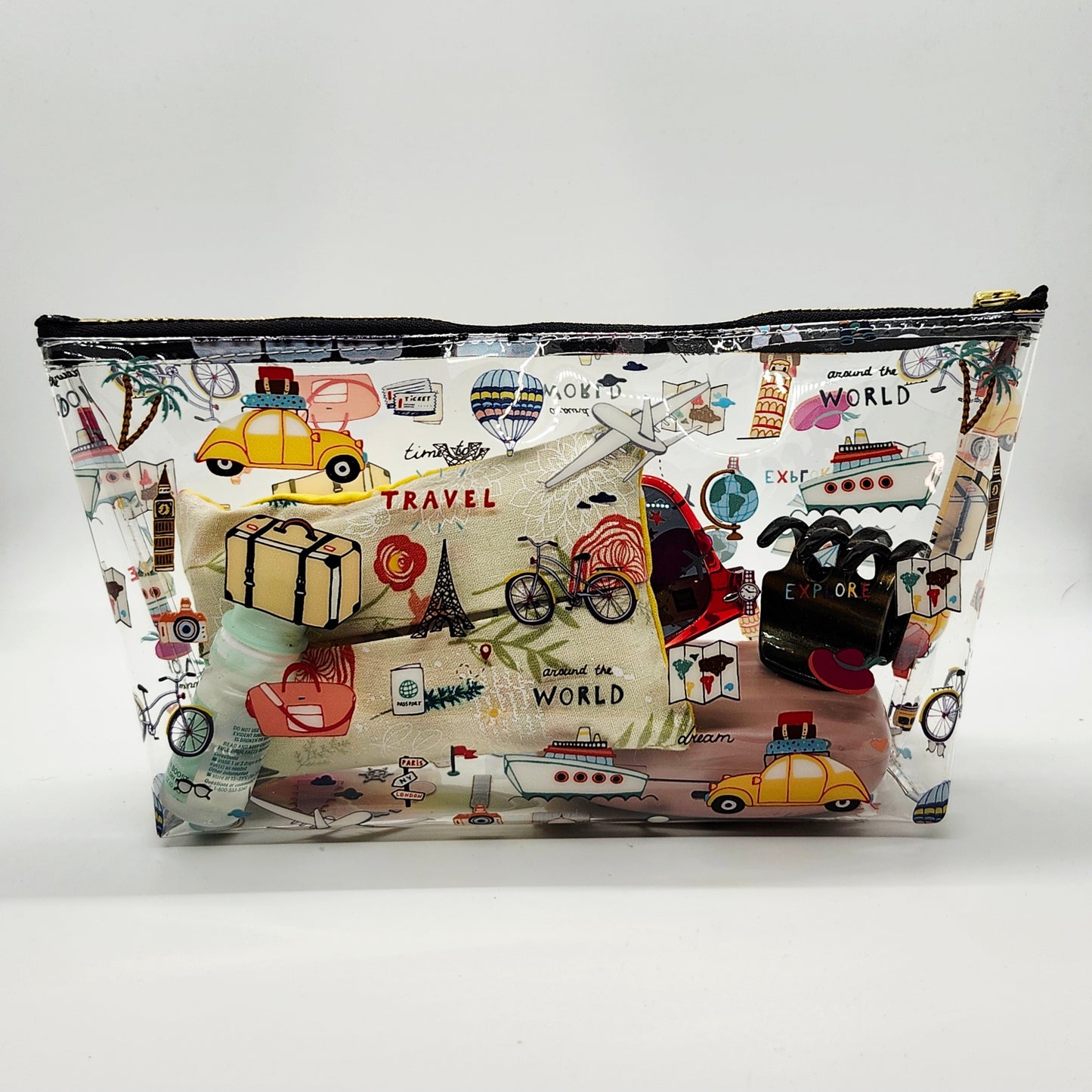 Travel Icons Clear Print Standing Vinyl Bag
