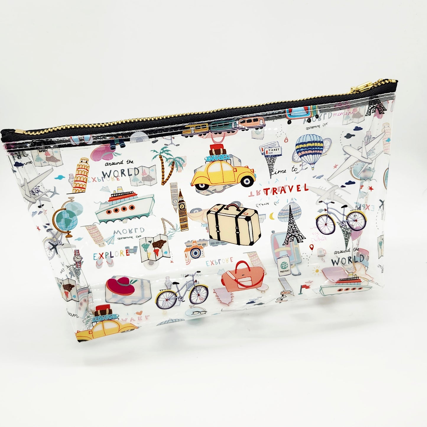 Travel Icons Clear Print Standing Vinyl Bag