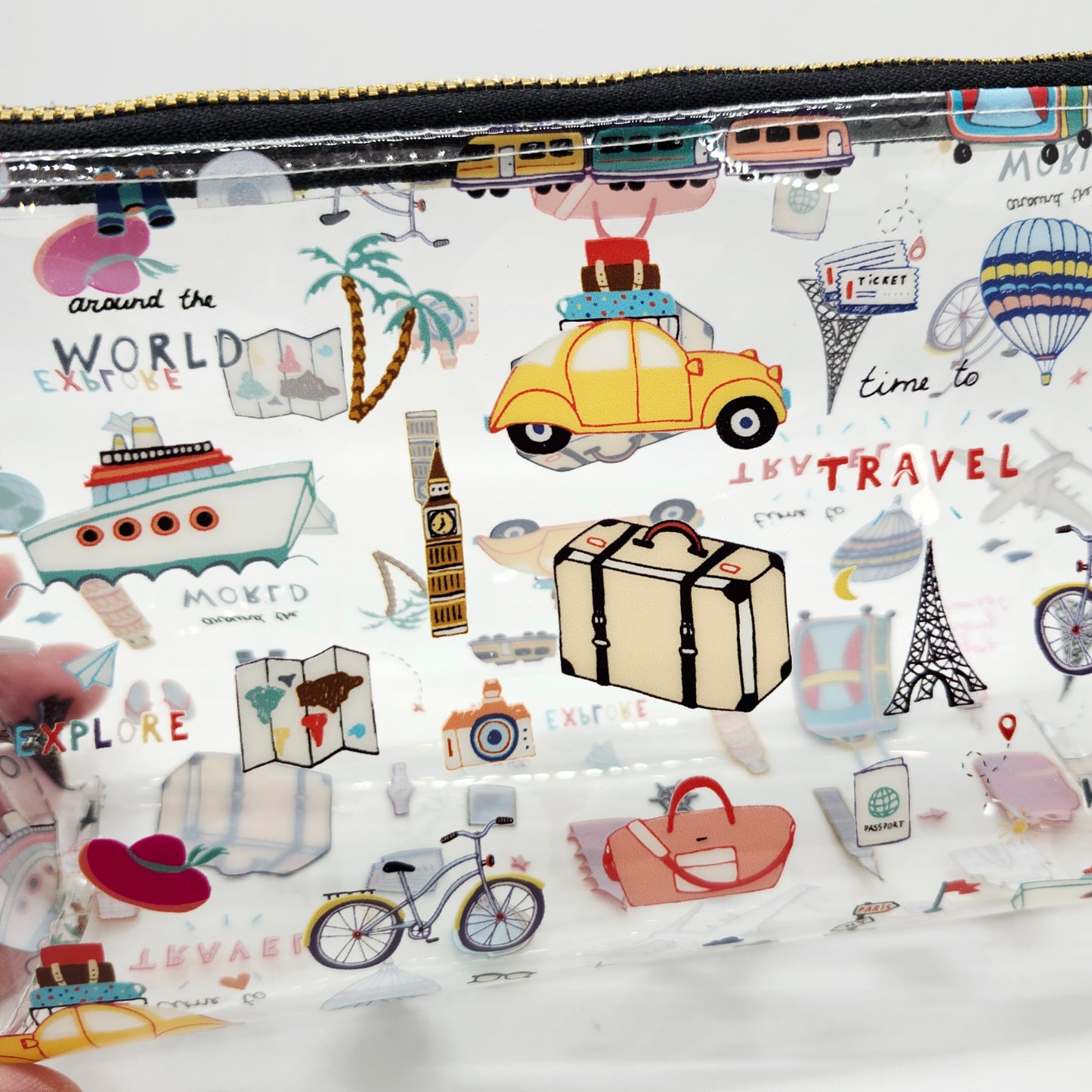 Travel Icons Clear Print Standing Vinyl Bag