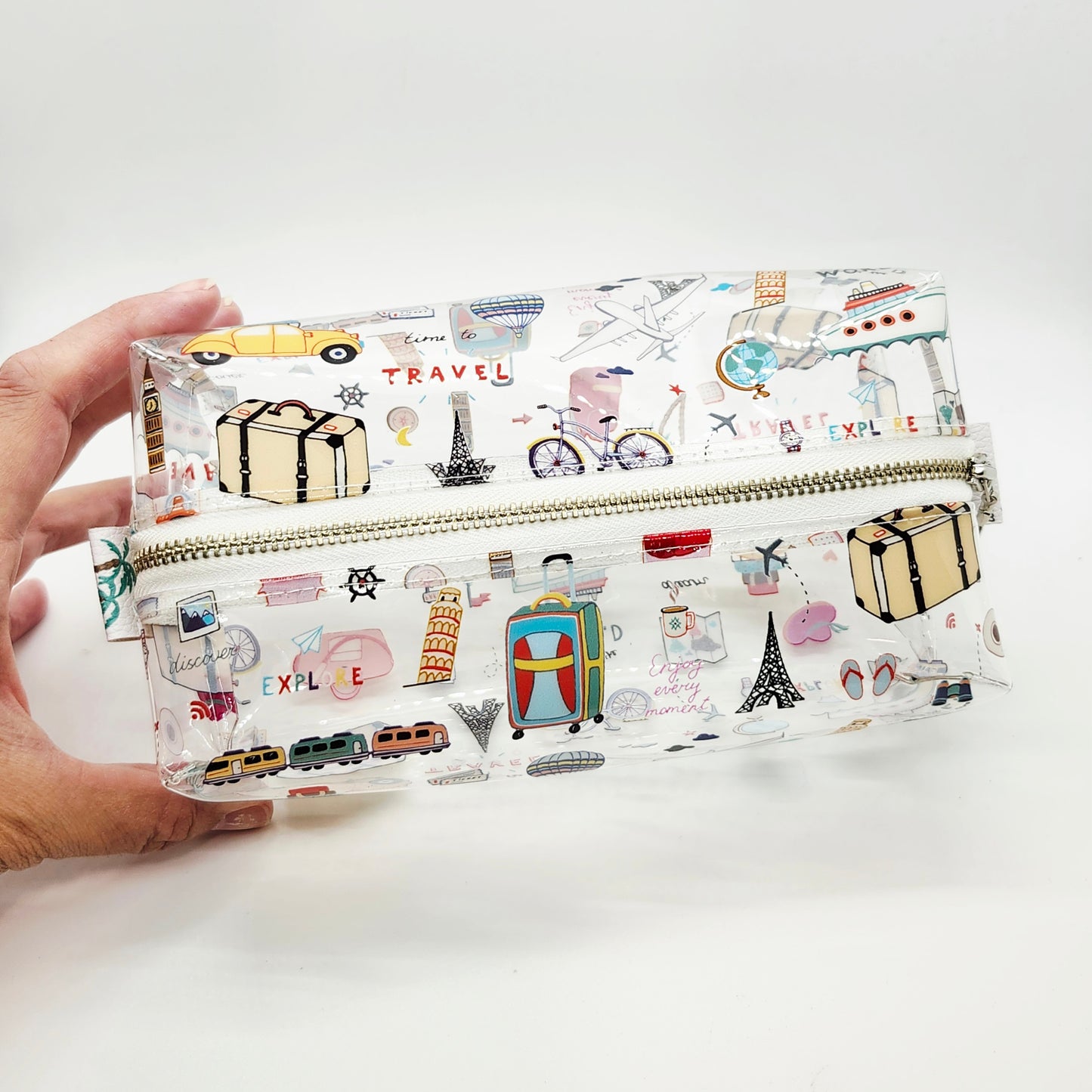 Travel Icons Clear Print Boxy Vinyl Bag