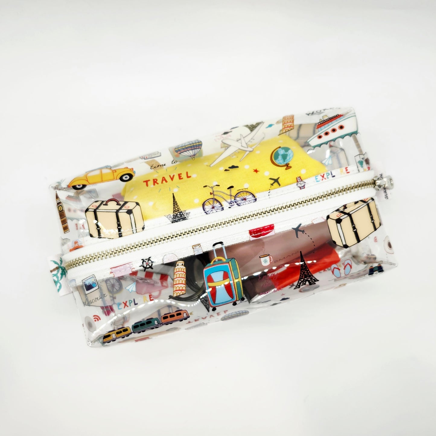 Travel Icons Clear Print Boxy Vinyl Bag
