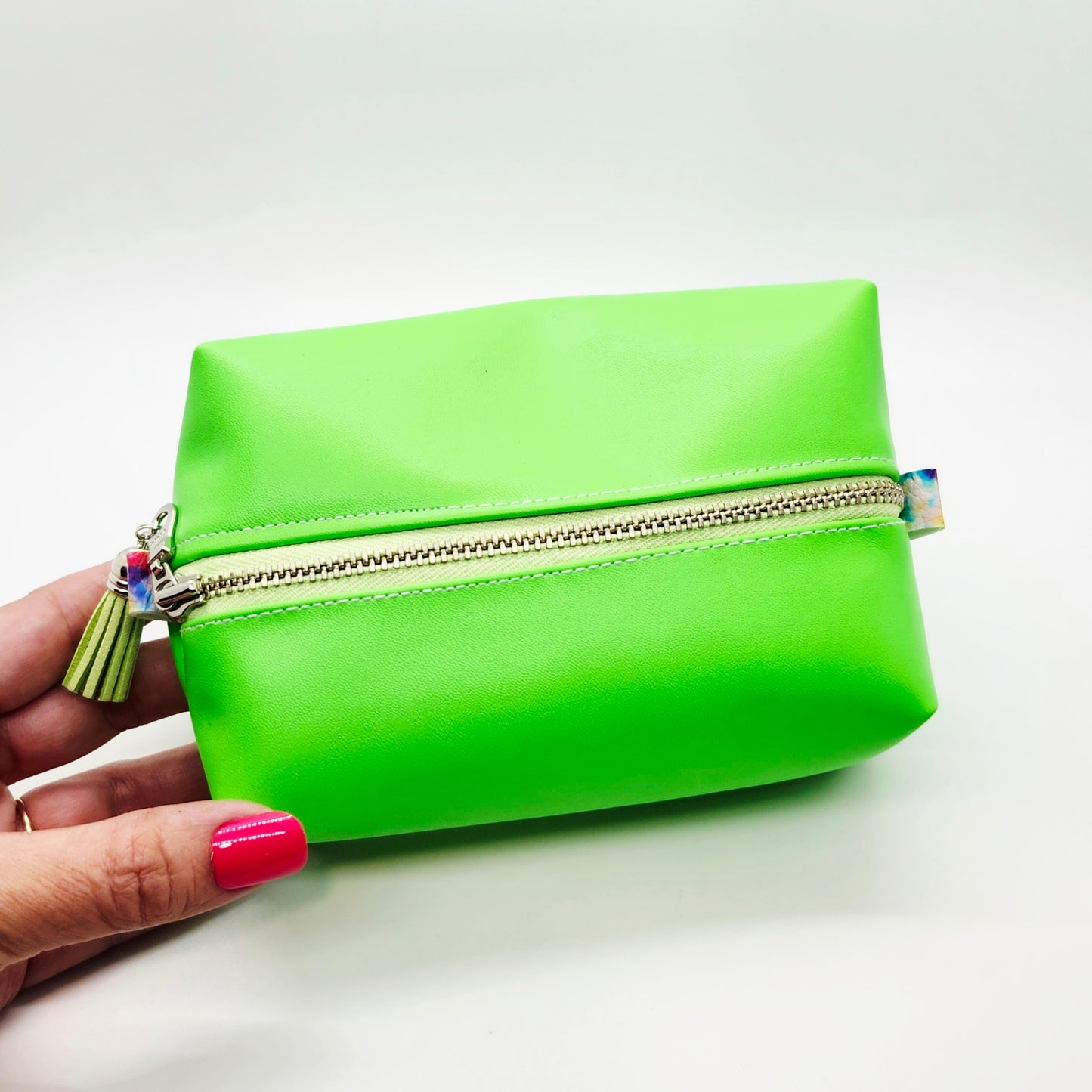 Small Vegan Leather Boxy Corner Zippered Bag, Neon Edition