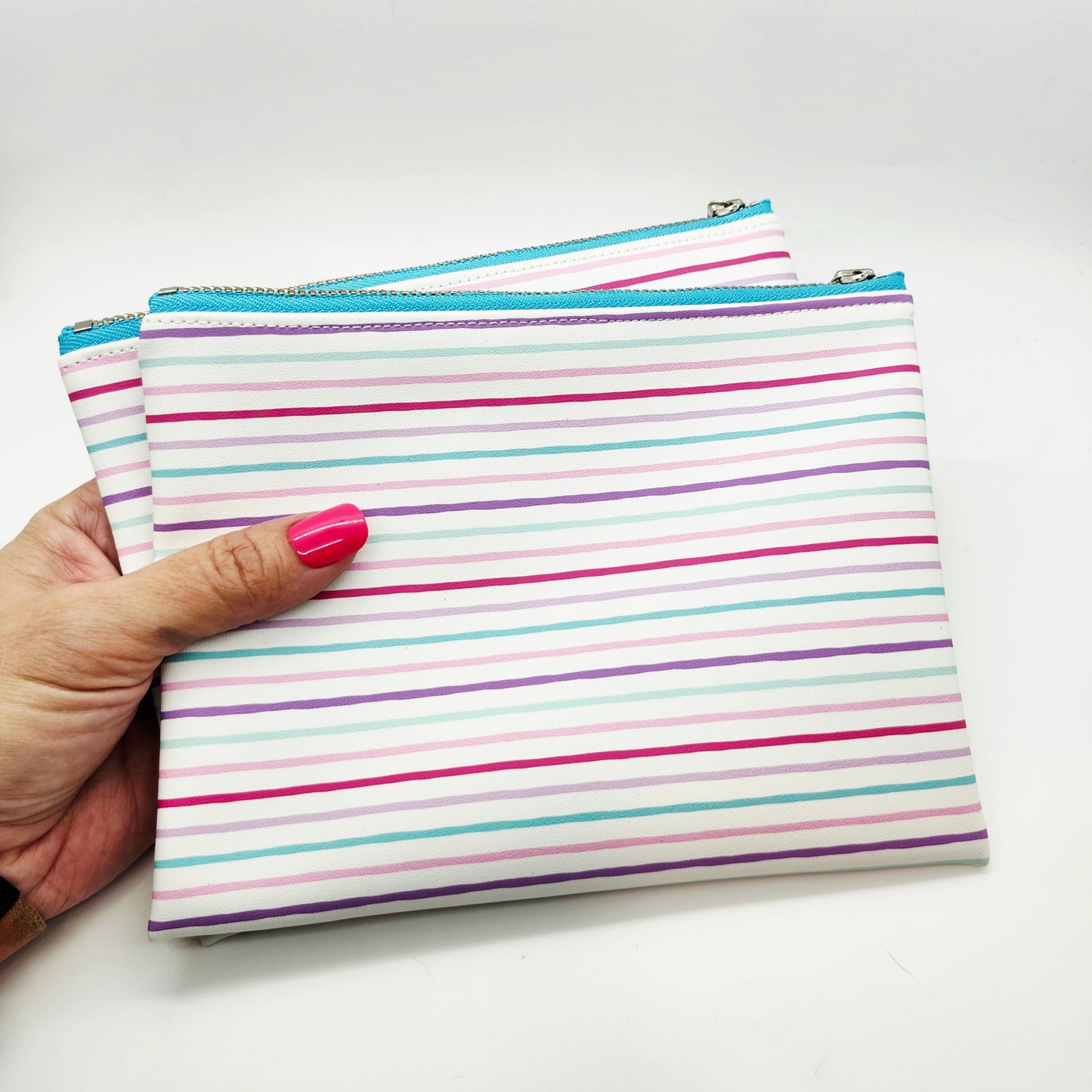 Smooth Faux Leather Flat Zip Bag, Striped Editions