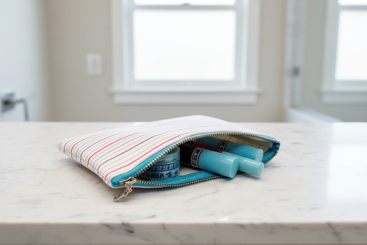 A striped zippered pouch with a white background and thin pink, blue, and purple stripes, shown open with light blue lip balm tubes inside.