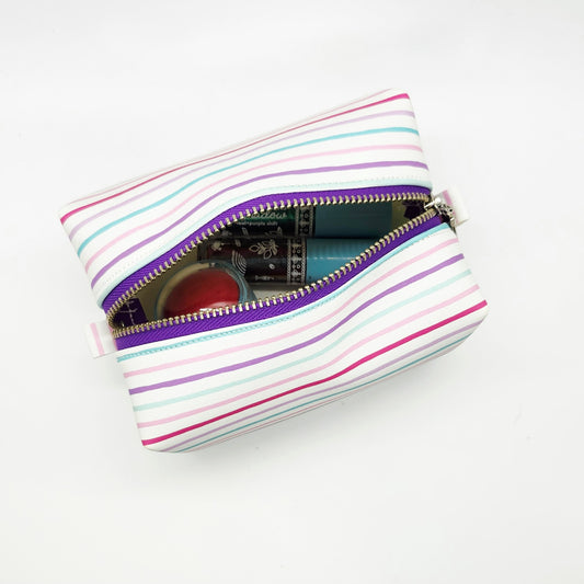 Small Vegan Leather Boxy Corner Zippered Bag, Striped Edition