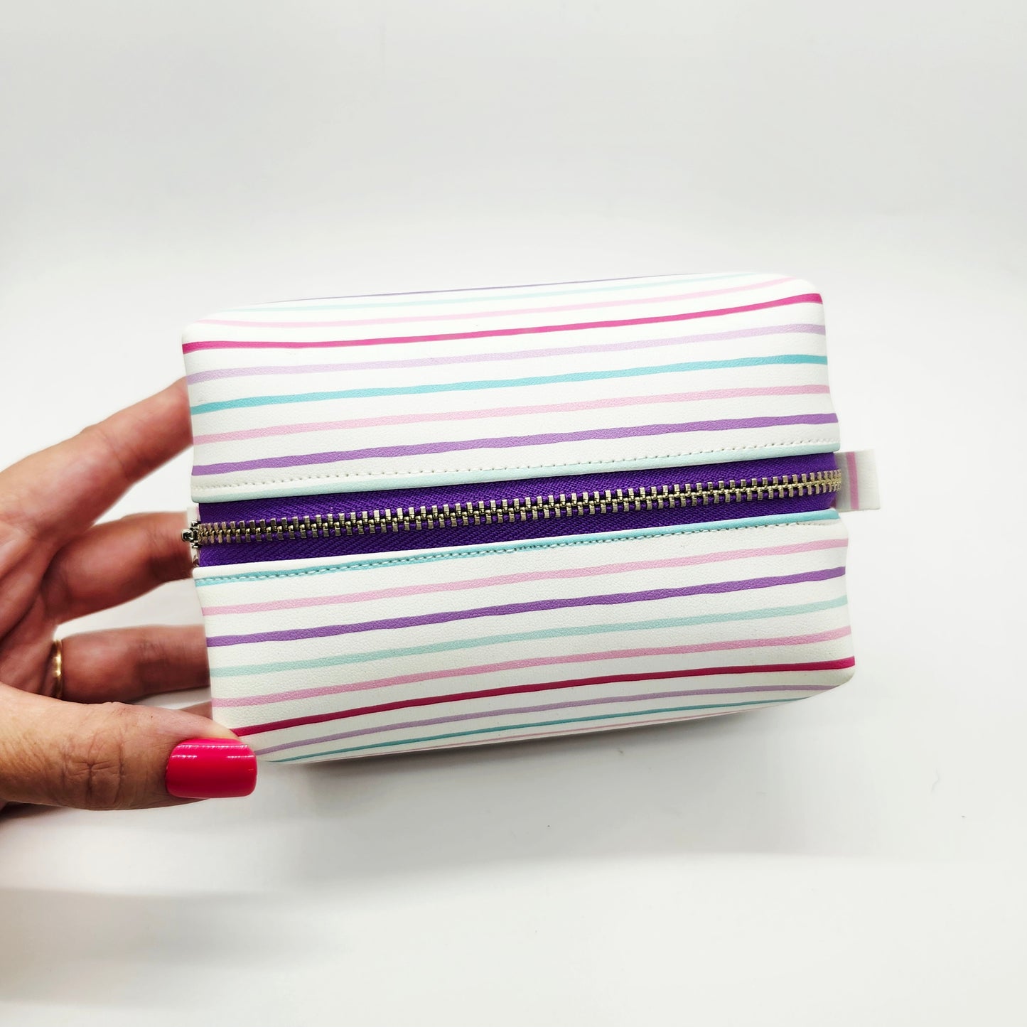 Small Vegan Leather Boxy Corner Zippered Bag, Striped Edition