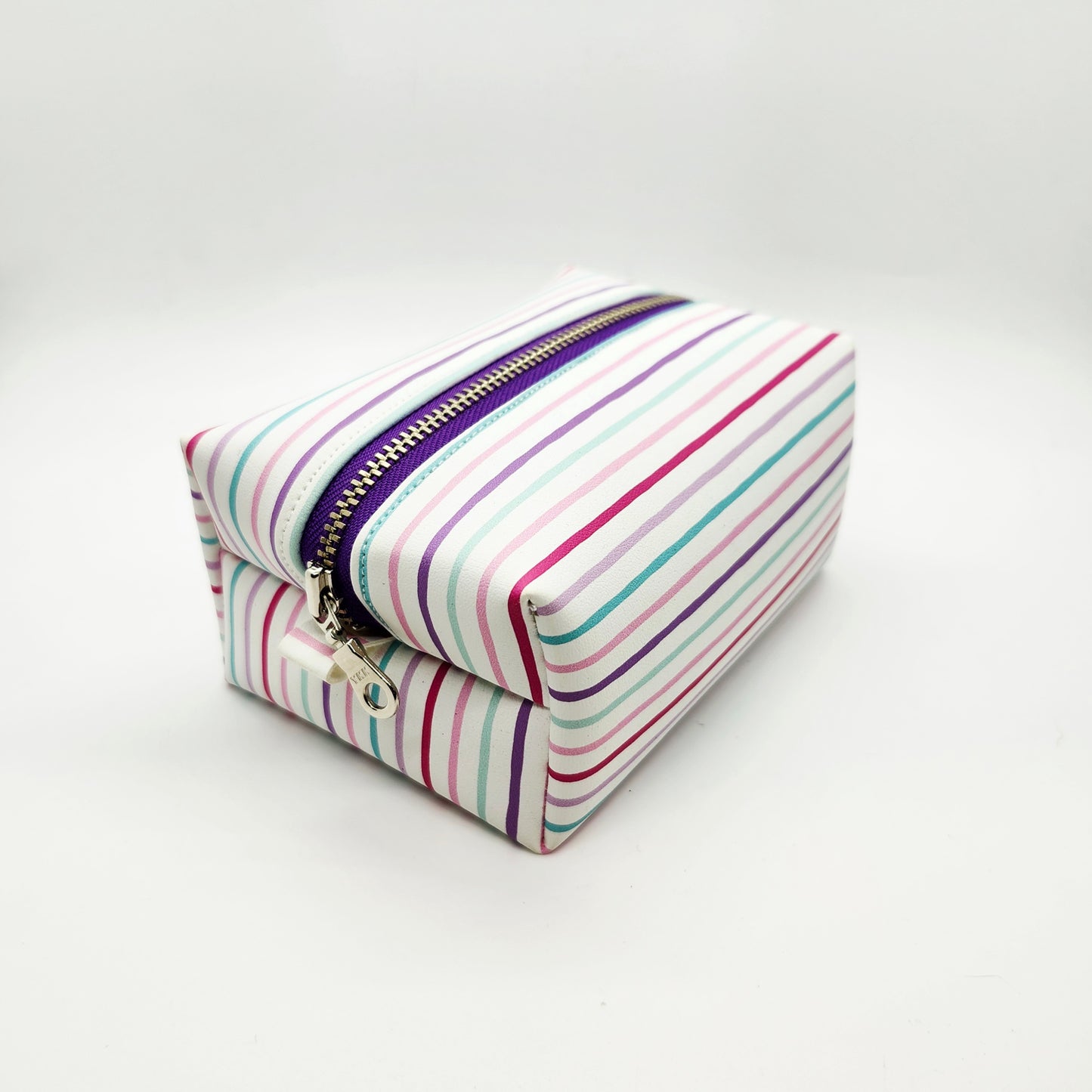 Small Vegan Leather Boxy Corner Zippered Bag, Striped Edition