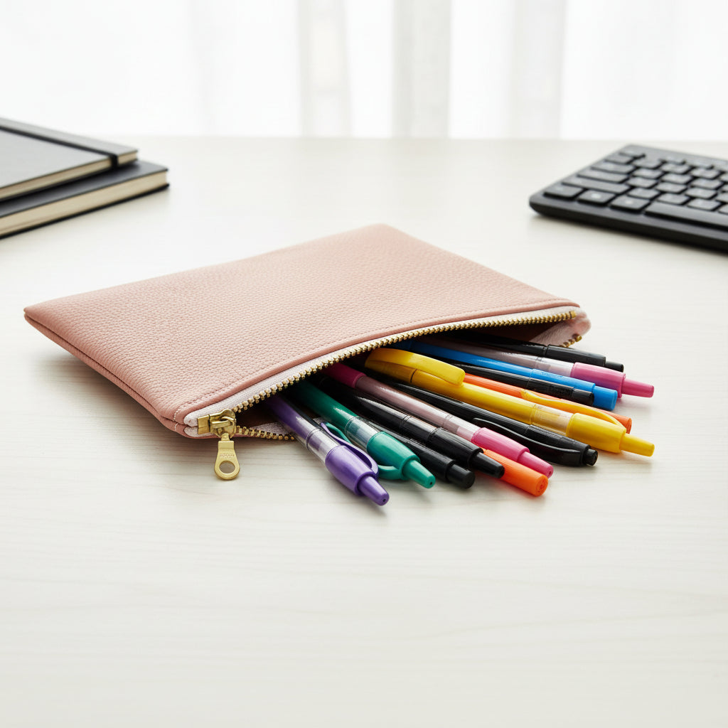 A blush pink textured leather zippered pouch with gold-toned hardware, shown open with several pens protruding from the zipper on a clean white background.