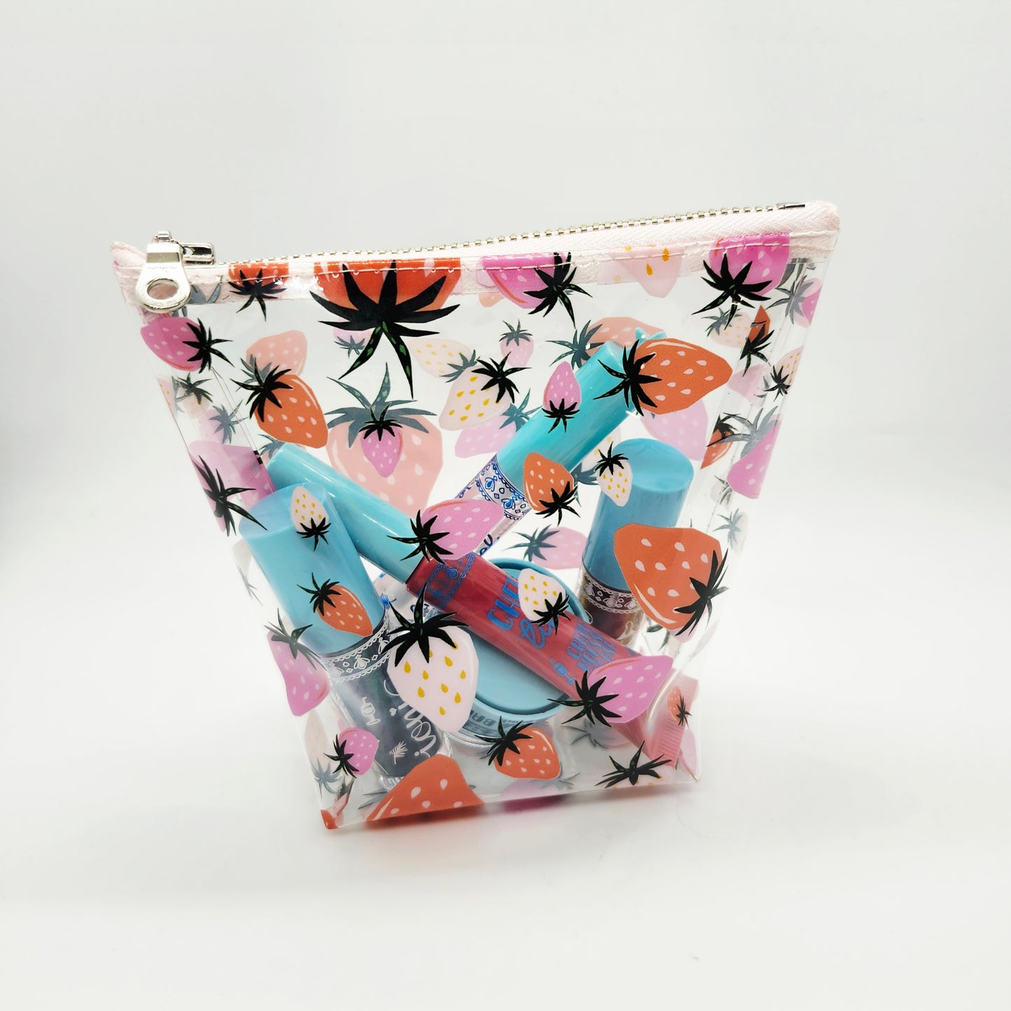 Strawberry Print Clear Vinyl Standing Zip Bag