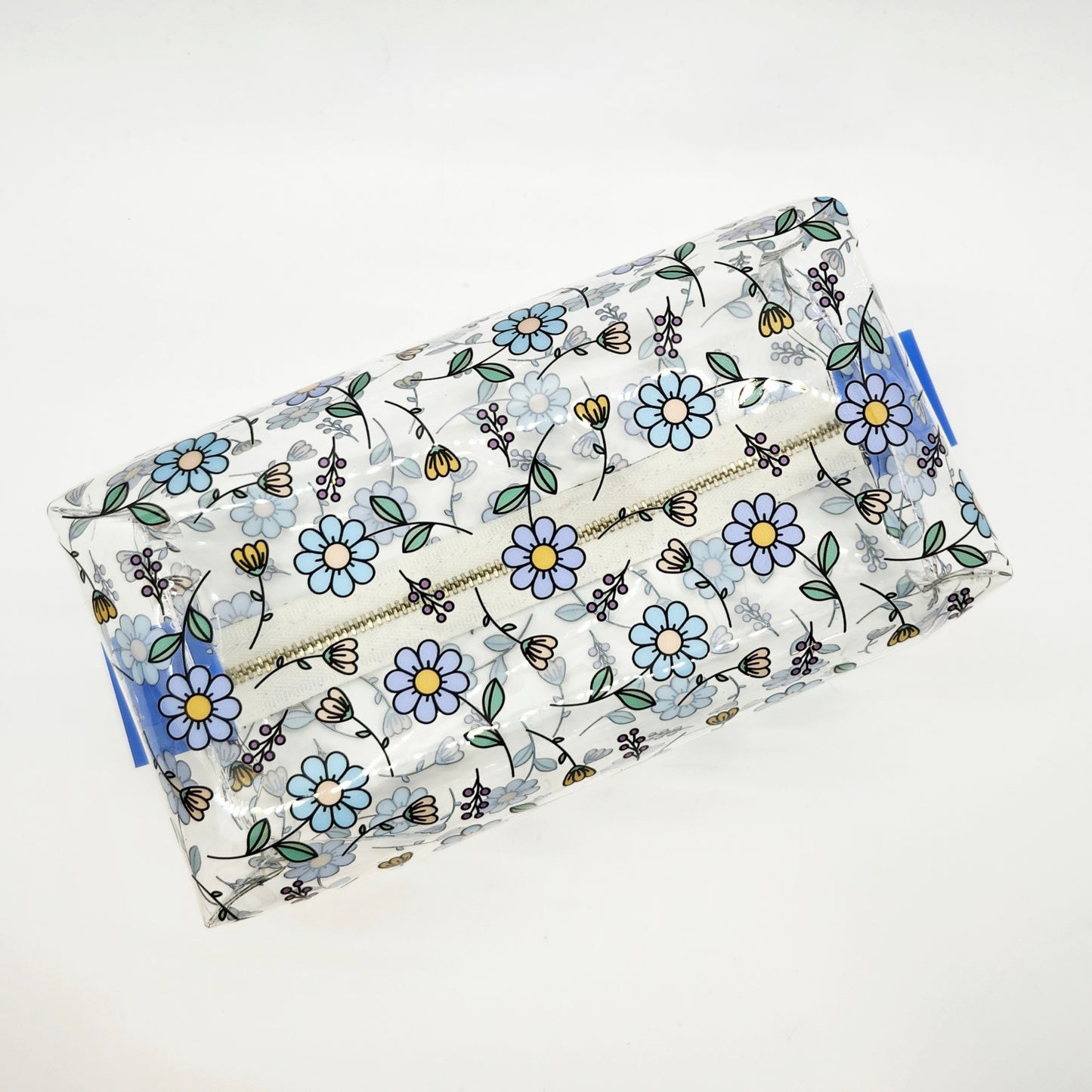 Blue Daisy Printed Clear Vinyl Boxy Zippered Bag
