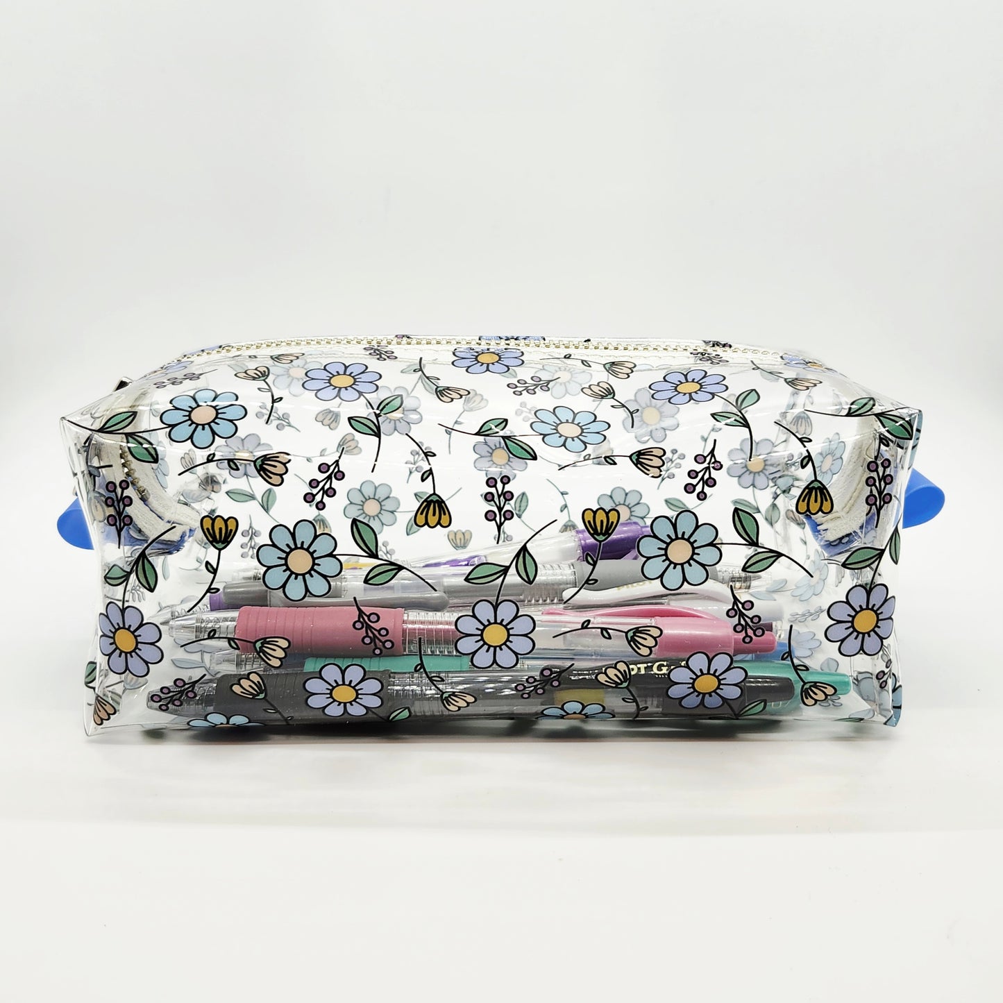 Blue Daisy Printed Clear Vinyl Boxy Zippered Bag