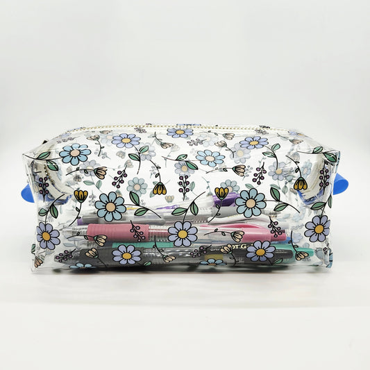 Blue Daisy Printed Clear Vinyl Boxy Zippered Bag