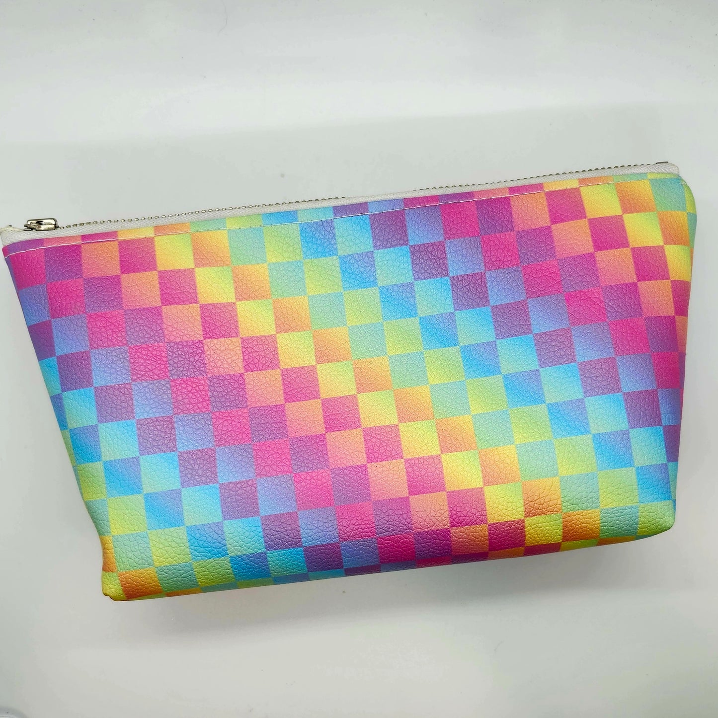 Rainbow Checkers Vegan Leather Standing Zip Bag