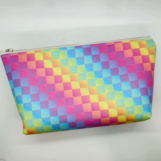 Rainbow Checkers Vegan Leather Standing Zip Bag