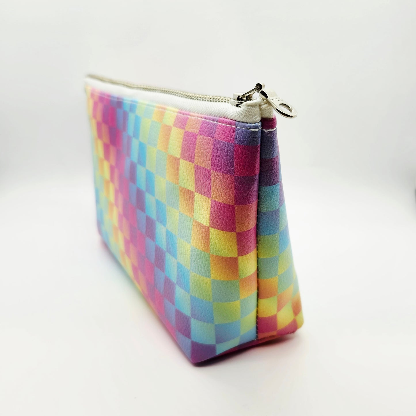 Rainbow Checkers Vegan Leather Standing Zip Bag