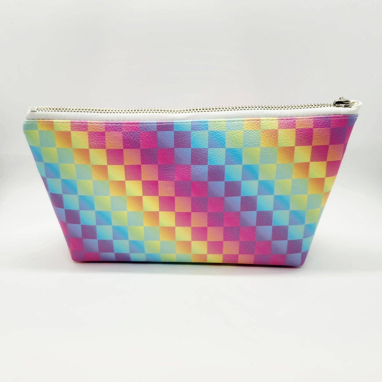 Rainbow Checkers Vegan Leather Standing Zip Bag