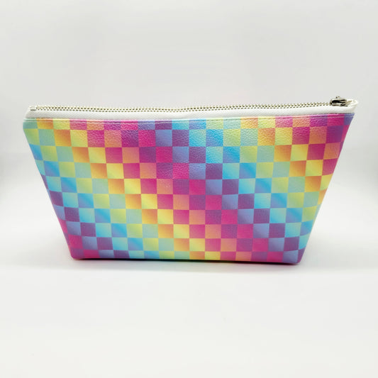 Rainbow Checkers Vegan Leather Standing Zip Bag