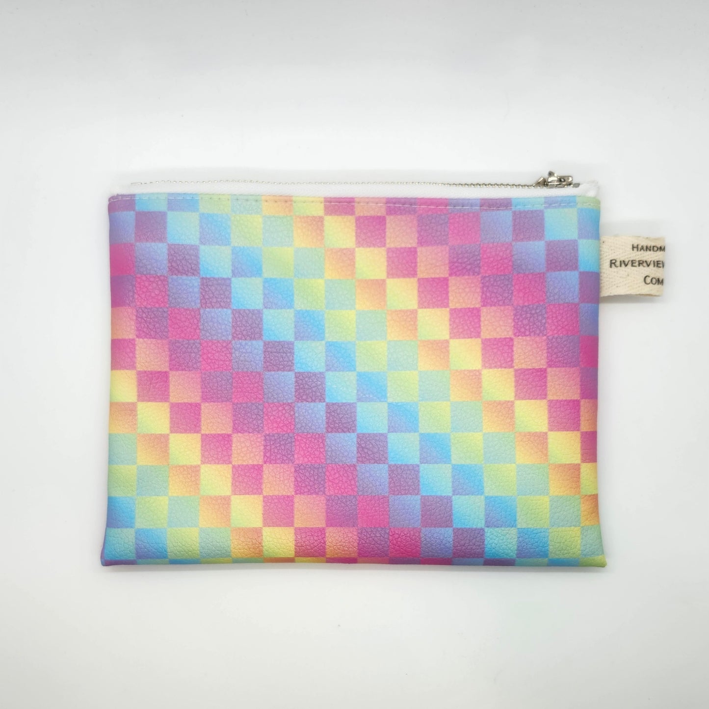 Rainbow Checkers Faux Leather Flat Zip Bag