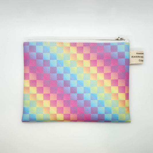 Rainbow Checkers Faux Leather Flat Zip Bag