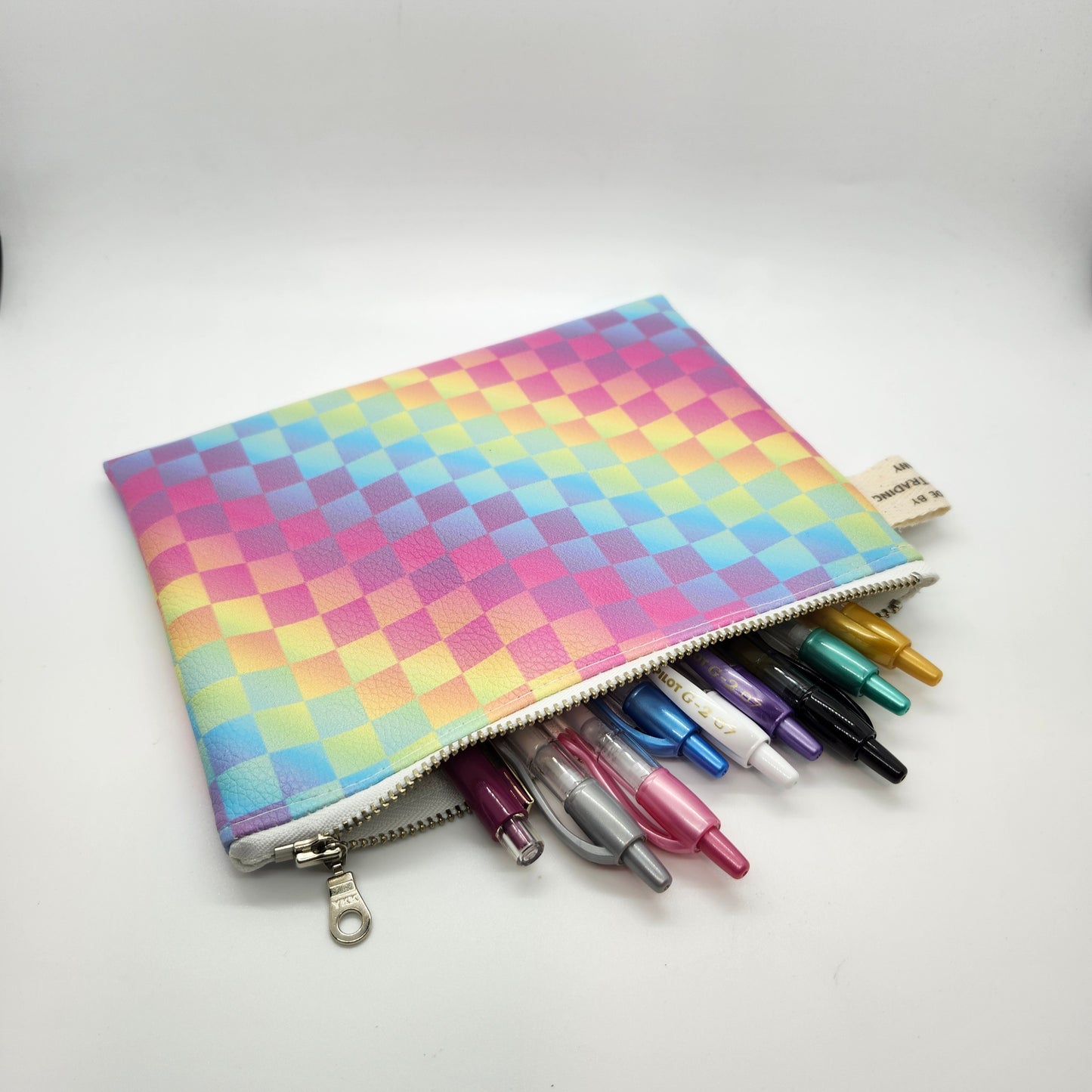 Rainbow Checkers Faux Leather Flat Zip Bag