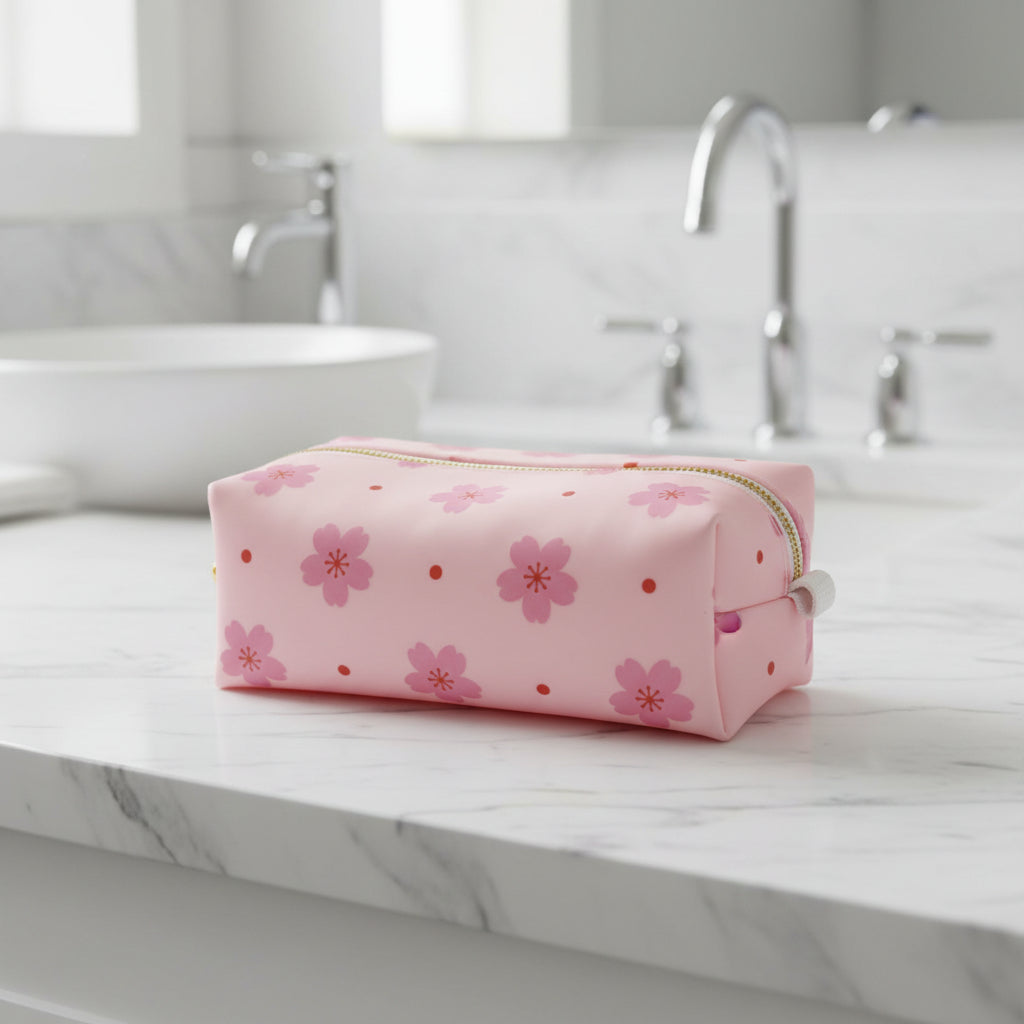 Pink Sakura Jelly Vinyl Boxed Zipper Pouch, Vinyl Dopp Kitt Bag