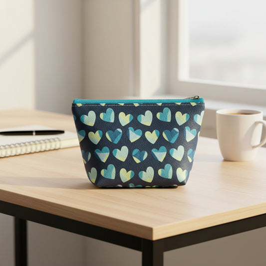 Teal Hearts Vegan Leather Medium Standing Zip Bag
