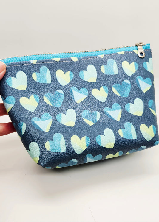 Teal Hearts Vegan Leather Medium Standing Zip Bag