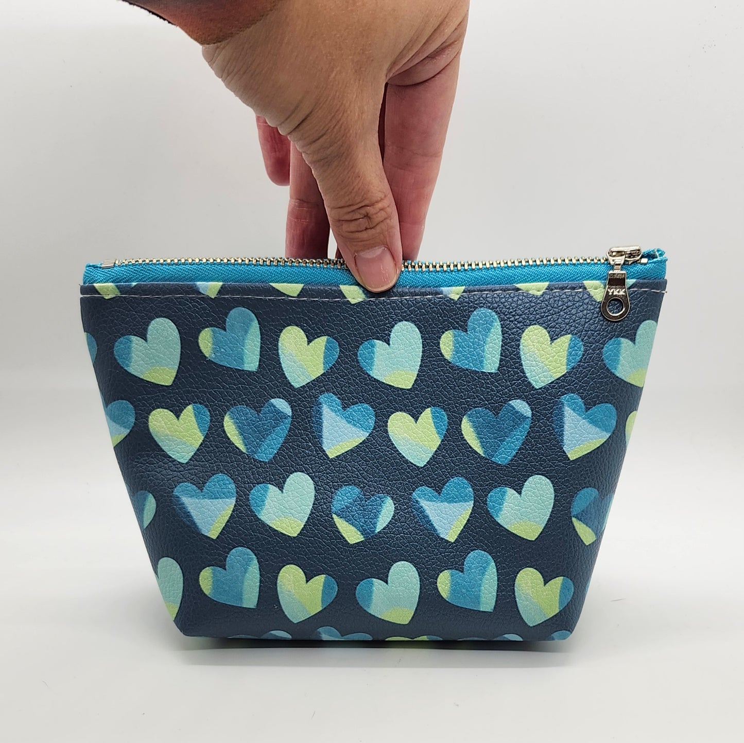 Teal Hearts Vegan Leather Medium Standing Zip Bag