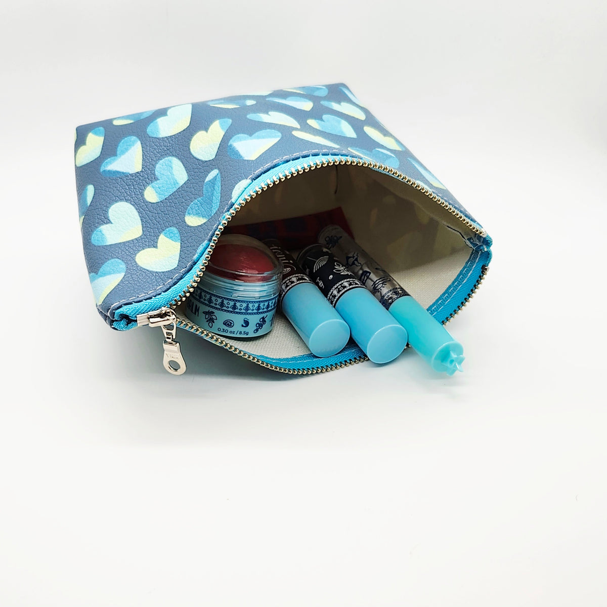 Teal Hearts Vegan Leather Medium Standing Zip Bag