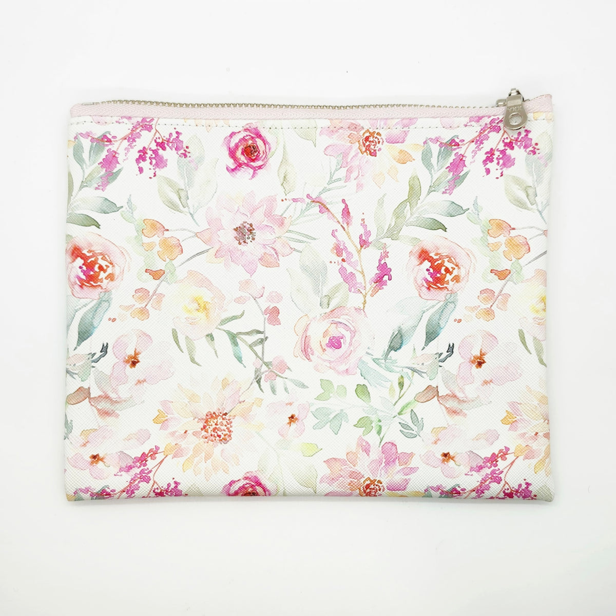 Watercolor Flowers Faux Leather Flat Zip Bag