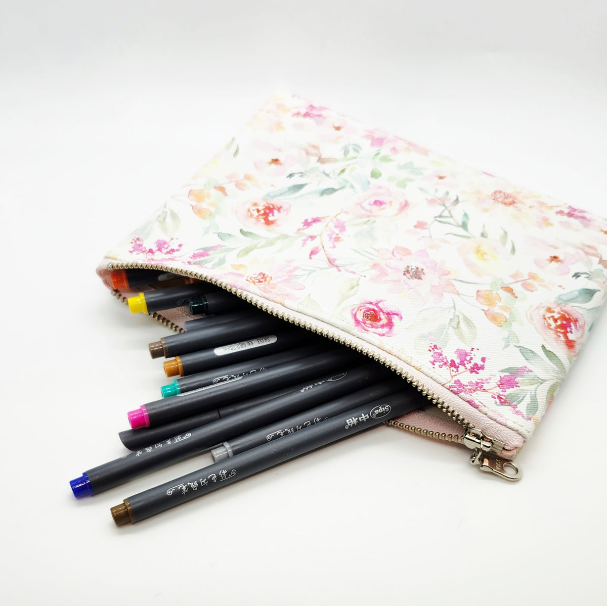 Watercolor Flowers Faux Leather Flat Zip Bag