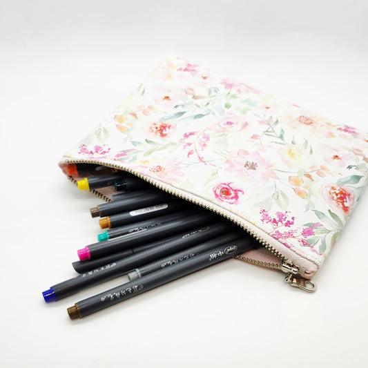 Watercolor Flowers Faux Leather Flat Zip Bag