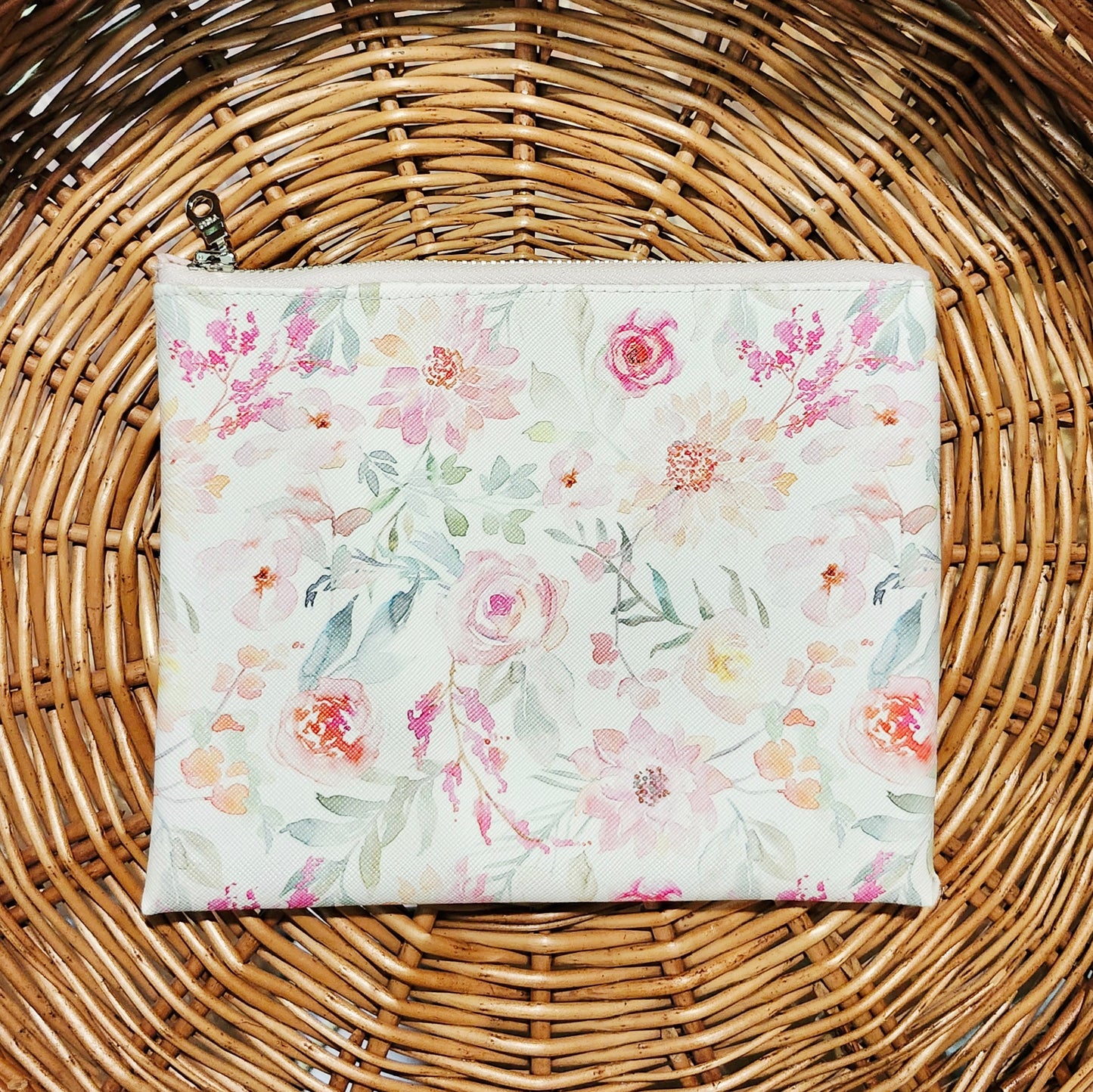 Watercolor Flowers Faux Leather Flat Zip Bag