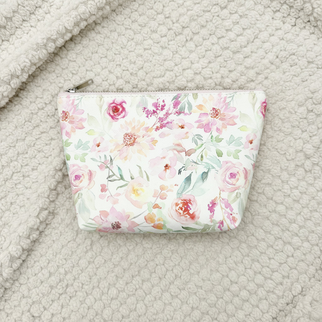 Watercolor Flowers Vegan Leather Medium Standing Zip Bag