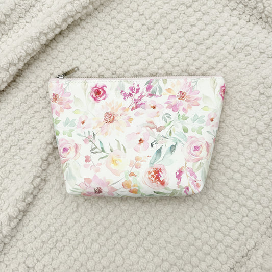 Watercolor Flowers Vegan Leather Medium Standing Zip Bag