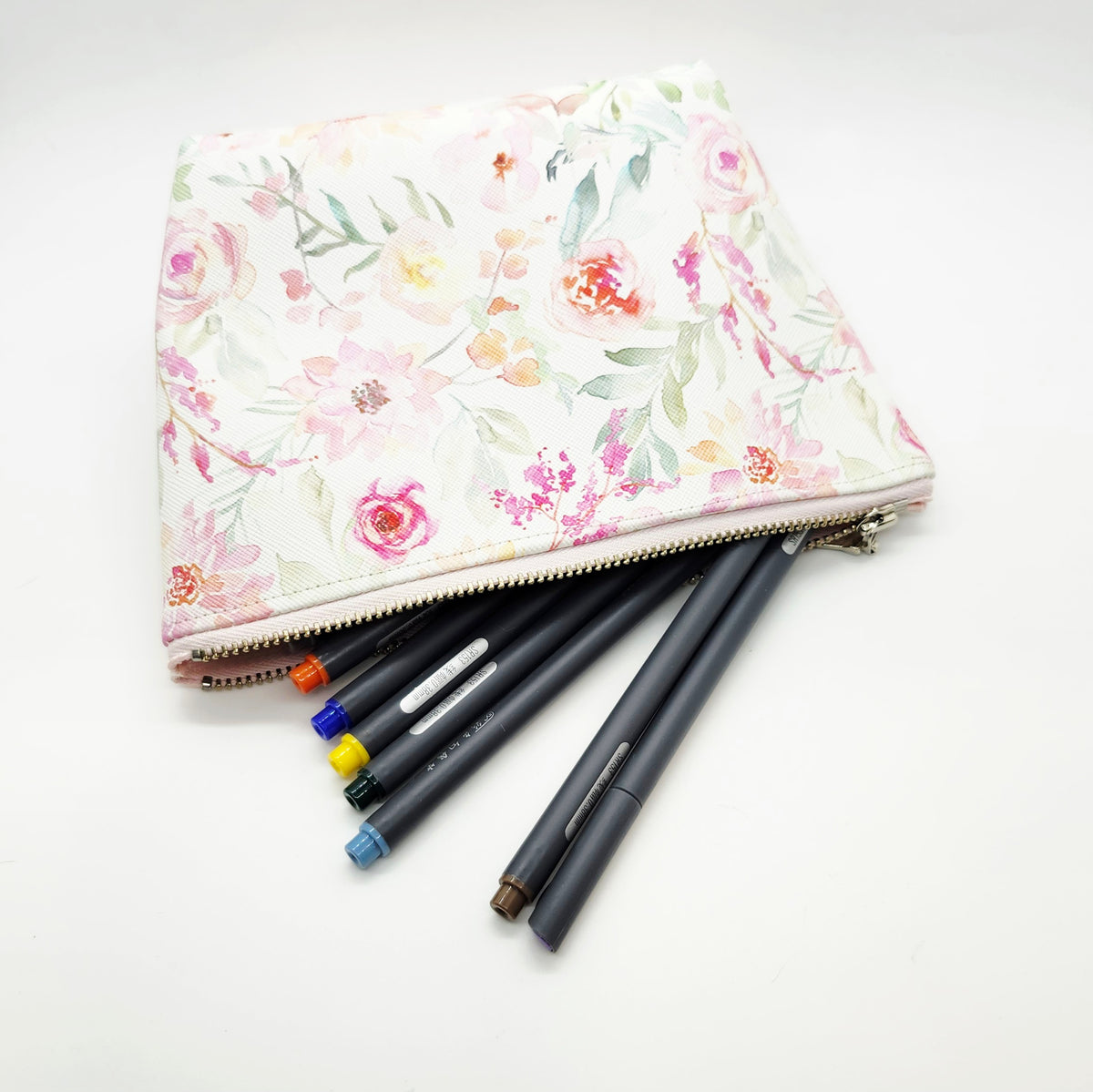 Watercolor Flowers Vegan Leather Medium Standing Zip Bag